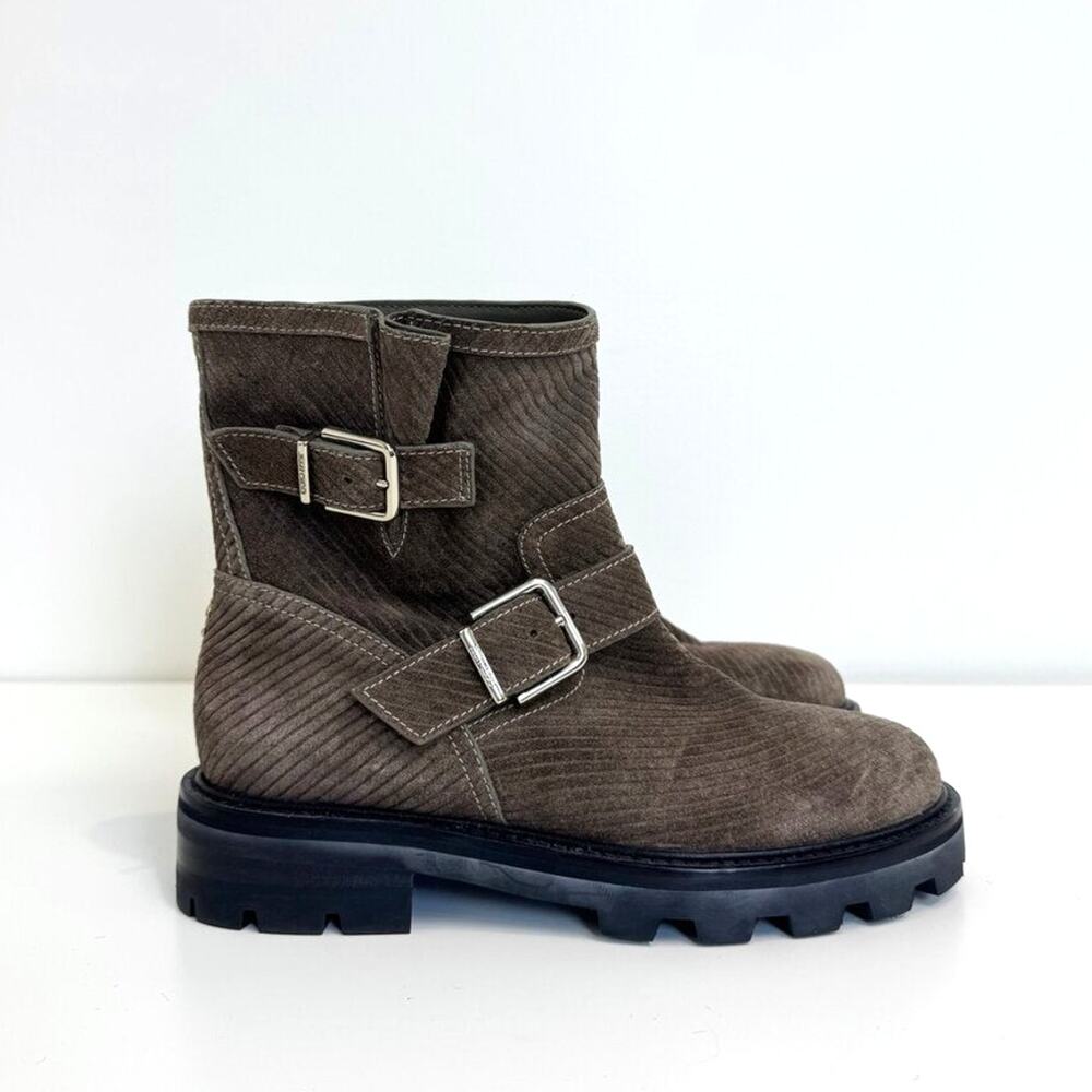 JIMMY CHOO Youth II Brown Corduroy Suede Ankle Length Moto Boots 37.5 Buckle
